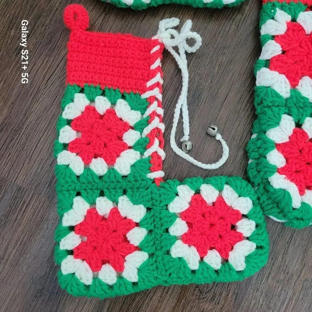 Lot of 10 Granny square Christmas stocking green red white Handmade Bells